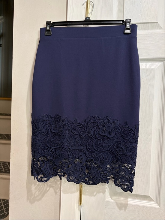 Olivia Blu Dresses & Skirts - Elegant Navy Lace-Hem Pencil Skirt